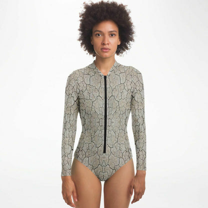 Black Rock City Long Sleeve Swimsuit | Full Piece Bodysuit | Front Zipper Bathing Suit | 50+ UPF Protection, UV Swimwear