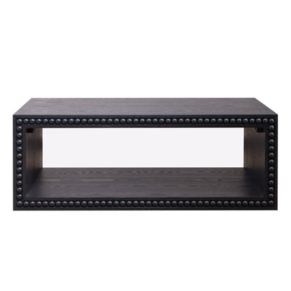 Black Beaded Edge Coffee Table – 47.6' Rectangular Center Table with Open Storage Shelf