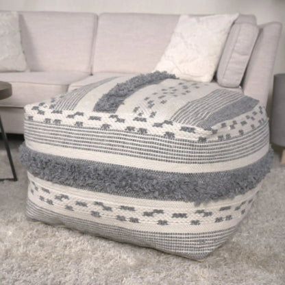 Karim Faux Yarn Large Accent Pouf in Ivory and Gray