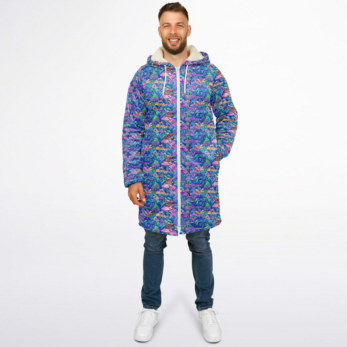 Psychedelic Mushrooms Cuddle Coat | Unisex Minky Sherpa Lined Coat with Hood, Zipper and Pockets | Women and Mens Festival Coat | Mountain Fashion