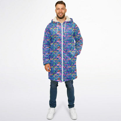 Psychedelic Mushrooms Cuddle Coat | Unisex Minky Sherpa Lined Coat with Hood, Zipper and Pockets | Women and Mens Festival Coat | Mountain Fashion
