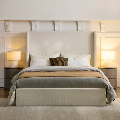 Caron Upholstered Wingback Bed with 52.3' High Headboard in Ivory Canvas Chenille