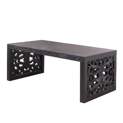 47.2" Solid Black Carved Wood Coffee Table – Handcrafted Look with Ornate Side Panels