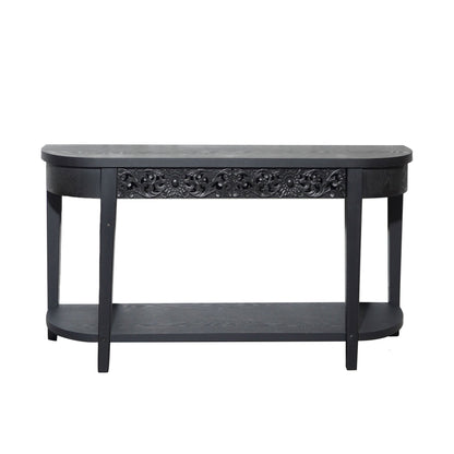 59.2in Black Carved Wooden Console Table with Lower Storage Shelf and Drawers