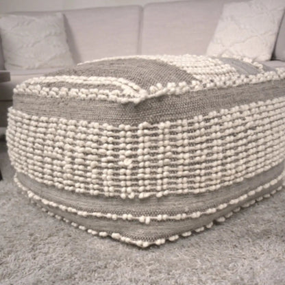 Rustic Wool and Cotton Large Pouf Handcrafted Tufted Design - Brown / Beige