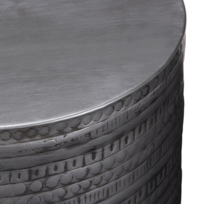 Johnsen 15 Inch Wide Tribal Pattern Metal Accent Table in Antique Silver