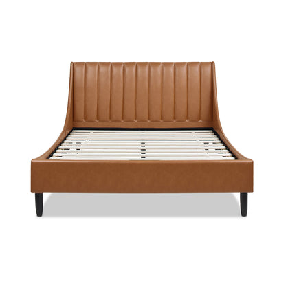 Aspen Vertical Tufted Modern Headboard Platform Bed Set, Queen, Caramel Tan Brown Faux Leather