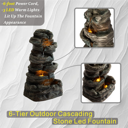 6-Tier Outdoor Cascading Stone Water Fountain with 3 LED Lights