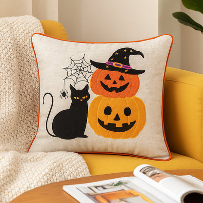 Embroidered Halloween Cat & Pumpkin Throw Pillow