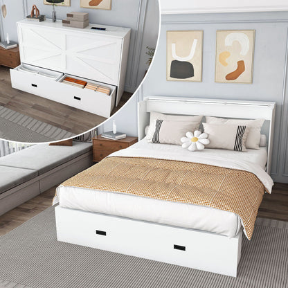 Murphy Bed With Storage Drawers And Charging Cabinet, Foldable Panels, Swivel Wheels
