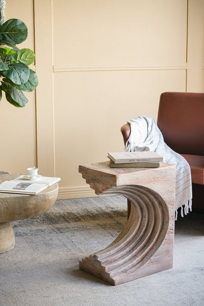 16.3x12.2x22.6 Modern Sculptural Arched Side Table with Faux Travertine Finish