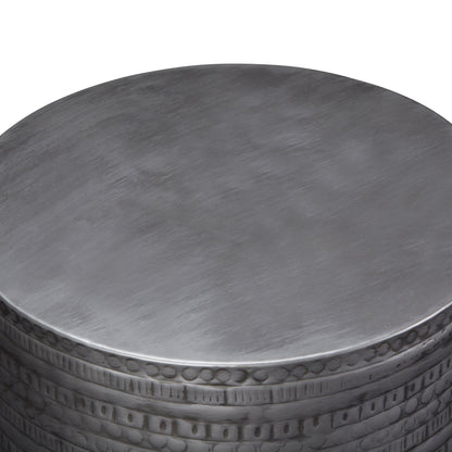 Johnsen 15 Inch Wide Tribal Pattern Metal Accent Table in Antique Silver