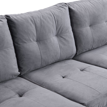 Modern Sectional Sofa Set with L Shape Chaise Lounge and Storage in Grey Velvet Fabric