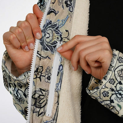 Classic Persian Carpet Cuddle Coat | Nain, Cream and Soft Blue | Unisex Minky Sherpa Lined Coat with Hood, Zipper and Pockets | Women and Mens Festival Coat | Mountain Fashion