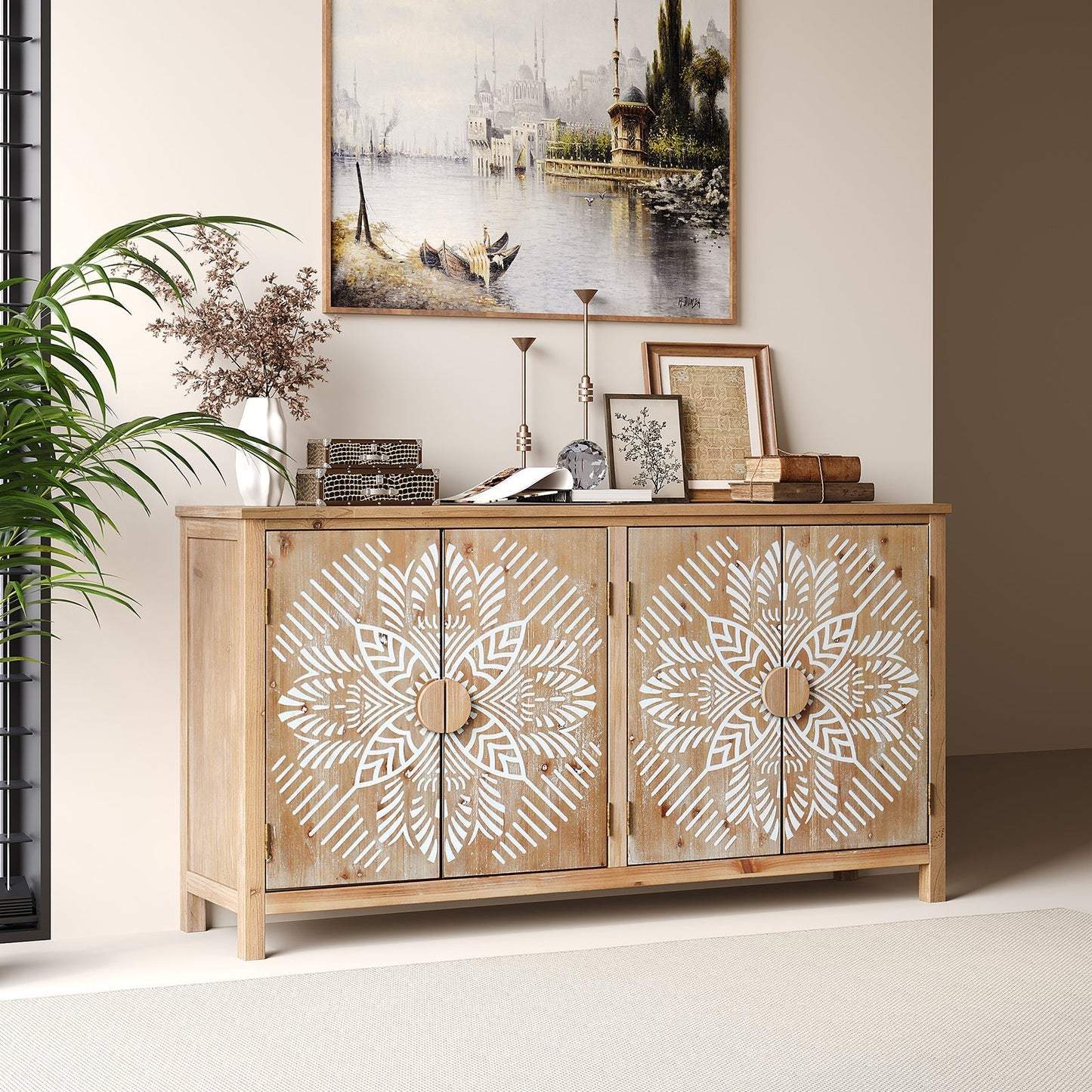 60" Wood Accent Cabinet with 4 Doors Brown and Antique White