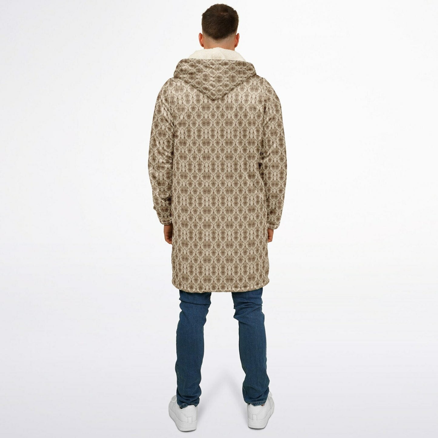 Cream Baroque Cuddle Coat | Unisex Minky Sherpa Lined Coat with Hood, Zipper and Pockets | Women and Mens Festival Coat | Mountain Fashion