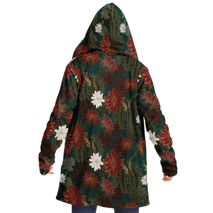 Desert Flowers Cuddle Cloak | Green Red | Unisex Minky Sherpa Lined Hooded Coat | Women and Mens Festival Coat | Mountain Fashion