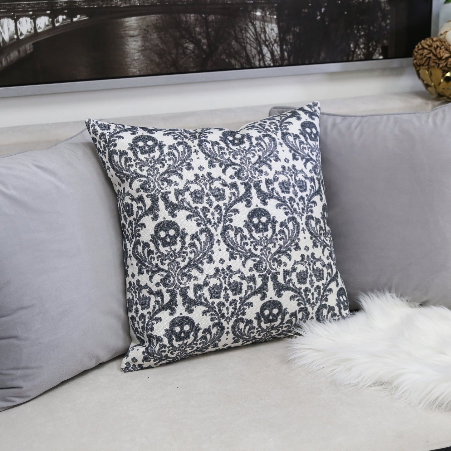 Baroque Skull Damask Accent Pillow – Black & White Day of the Dead Accent Cushion