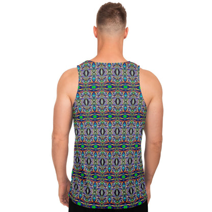 Holographic Print Tank Top – Trippy Geometric Festival Shirt with Optical Illusion Pattern