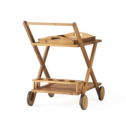 Riviera Bar Cart Natural Stained Acacia Wood Mobile Bar Cart