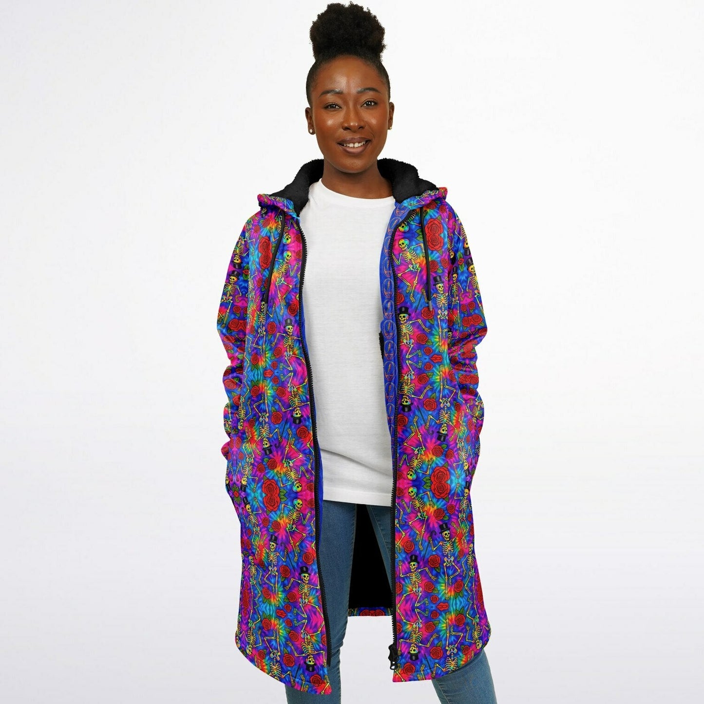 Tie Dye Grateful Dead Cuddle Coat | Unisex Minky Sherpa Lined Coat with Hood, Zipper and Pockets | Women and Mens Festival Coat | Mountain Fashion