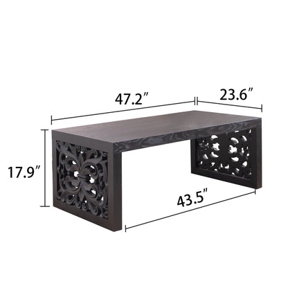 47.2" Solid Black Carved Wood Coffee Table – Handcrafted Look with Ornate Side Panels