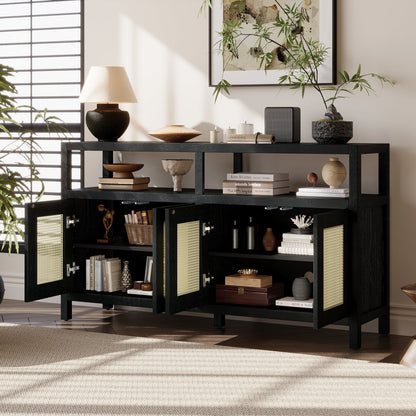 TREXM Bohemian Style Rattan Buffet Storage Cabinet with Solid Wood Frame