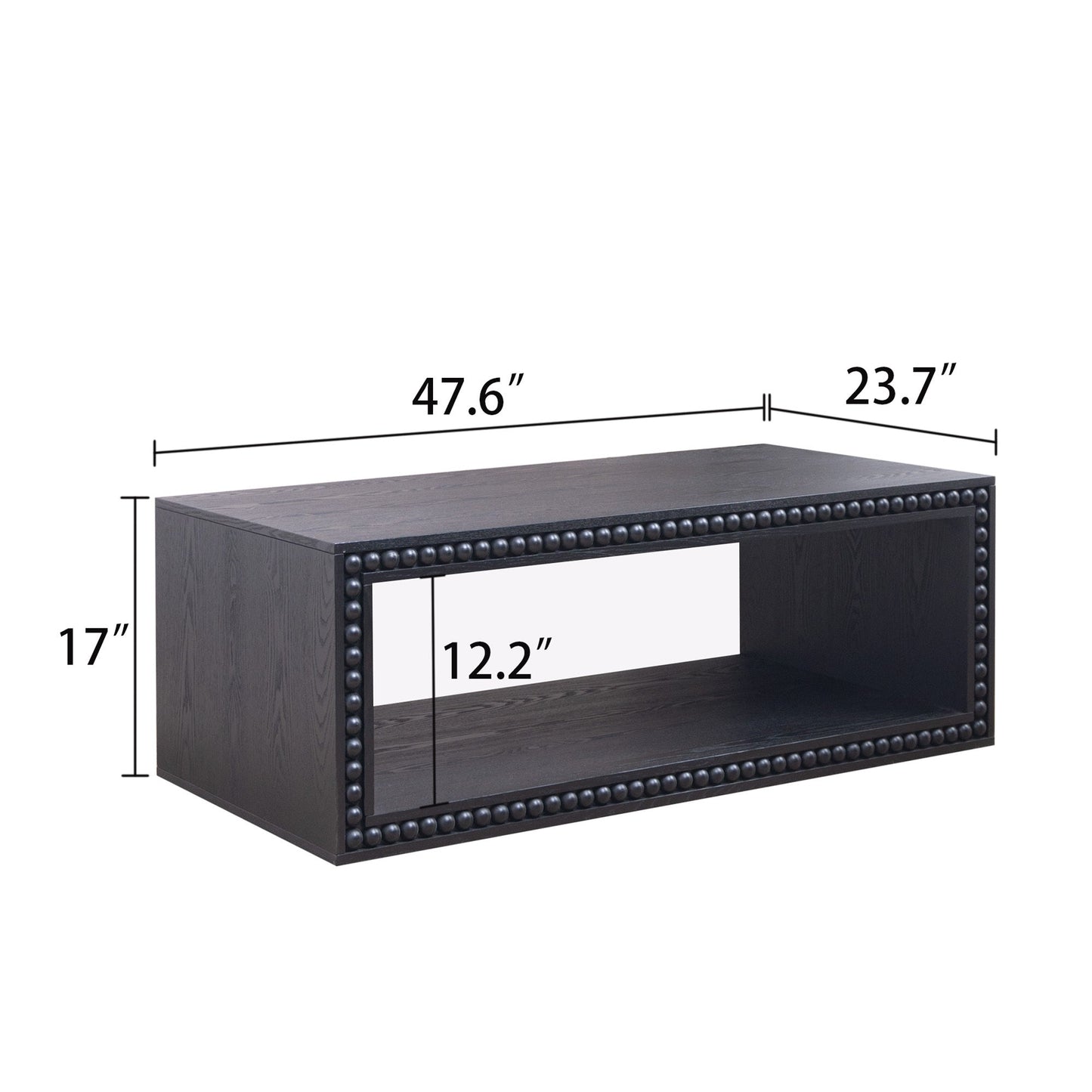 Black Beaded Edge Coffee Table – 47.6' Rectangular Center Table with Open Storage Shelf