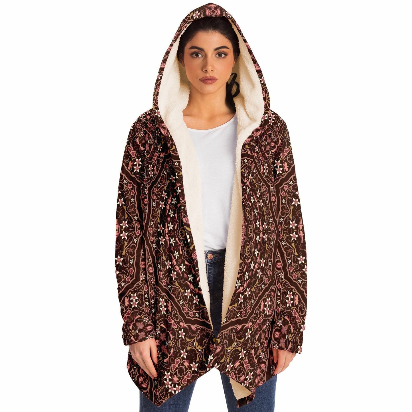 Raspberry Chocolate Persian Carpet Cuddle Cloak | Unisex Minky Sherpa Hooded Coat | Women and Mens Festival Coat | Mountain Fashion