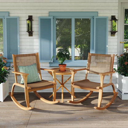 GO 2 Pieces Patio Rocking Chair Set, Natural Acacia Wood and Wicker