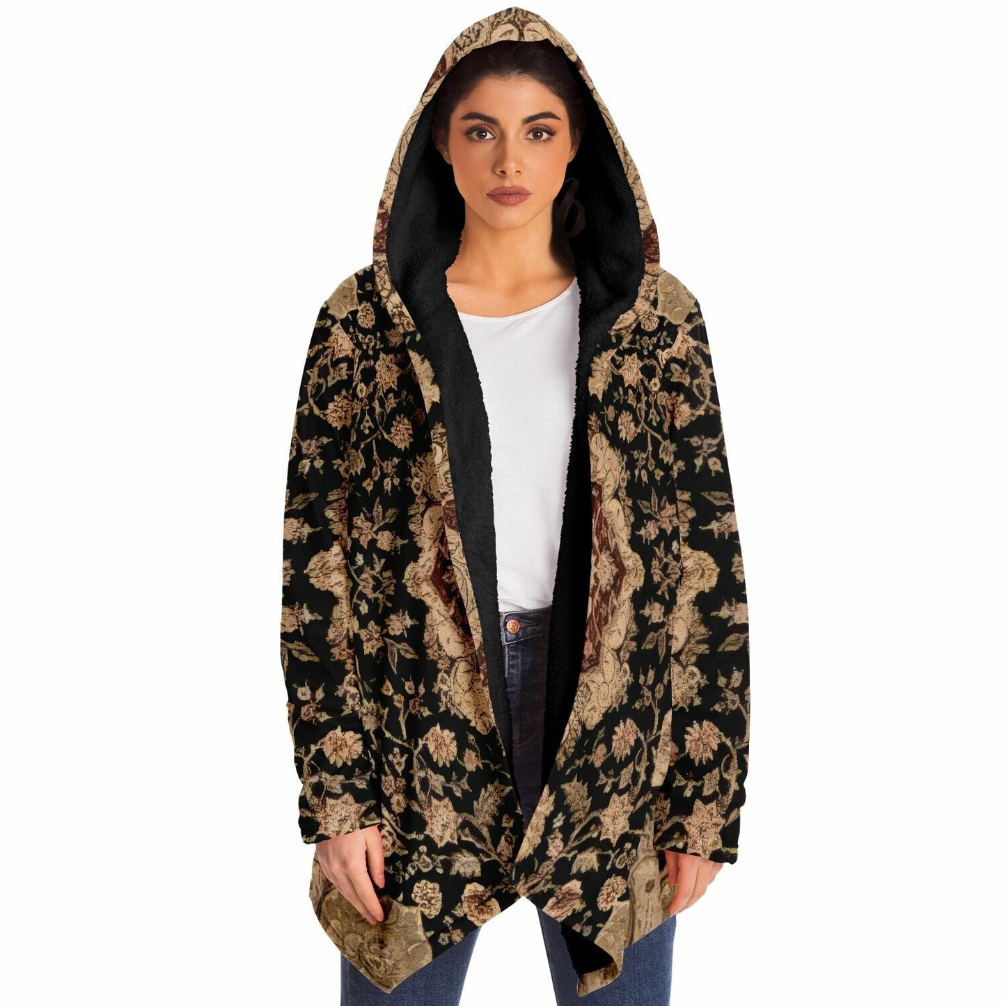 Black and Brown Persian Carpet Cuddle Cloak | Unisex Minky Sherpa Hooded Coat | Women and Mens Festival Coat | Mountain Fashion