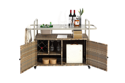 Outdoor Bar Table with Wicker Cabinet and Steel Top