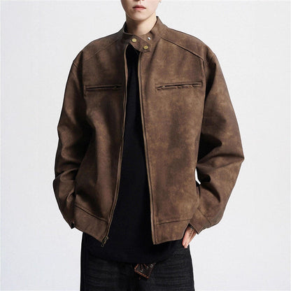 Vintage Brown Motorcycle Leather Autumn Merard Stand-up Collar Distressed Coat