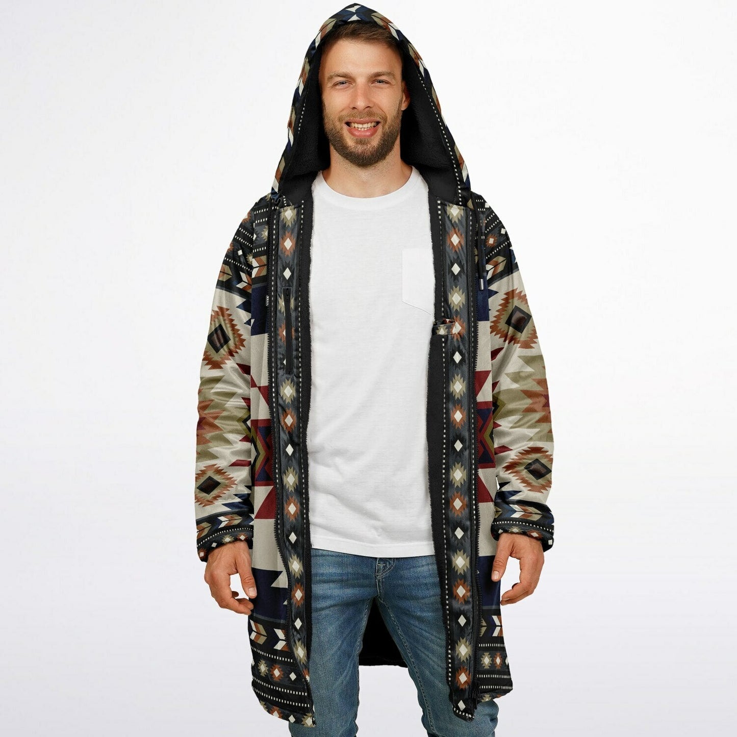 Izel Aztec Tribal Cuddle Coat | Unisex Minky Sherpa Lined Coat with Hood, Zipper and Pockets | Women and Mens Festival Coat | Mountain Fashion