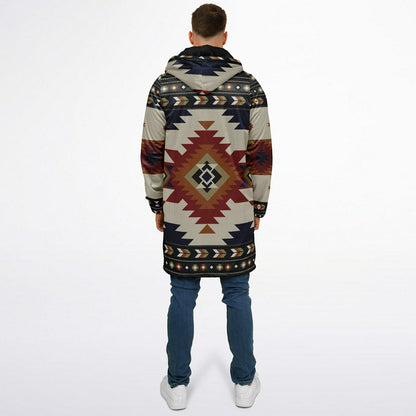 Izel Aztec Tribal Cuddle Coat | Unisex Minky Sherpa Lined Coat with Hood, Zipper and Pockets | Women and Mens Festival Coat | Mountain Fashion