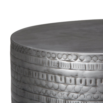 Johnsen 15 Inch Wide Tribal Pattern Metal Accent Table in Antique Silver