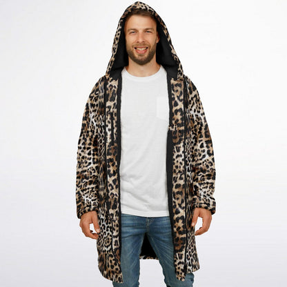 Leopard Print Cuddle Coat | Unisex Minky Sherpa Lined Coat with Hood, Zipper and Pockets | Women and Mens Festival Coat | Mountain Fashion