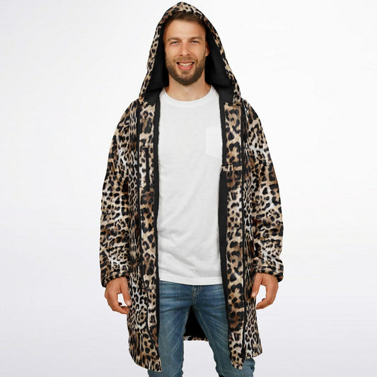 Leopard Print Cuddle Coat | Unisex Minky Sherpa Lined Coat with Hood, Zipper and Pockets | Women and Mens Festival Coat | Mountain Fashion