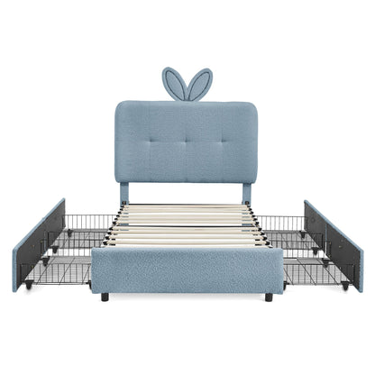 Twin Size Kids Upholstered Bed with Oversized Rabbit Ear Headboard