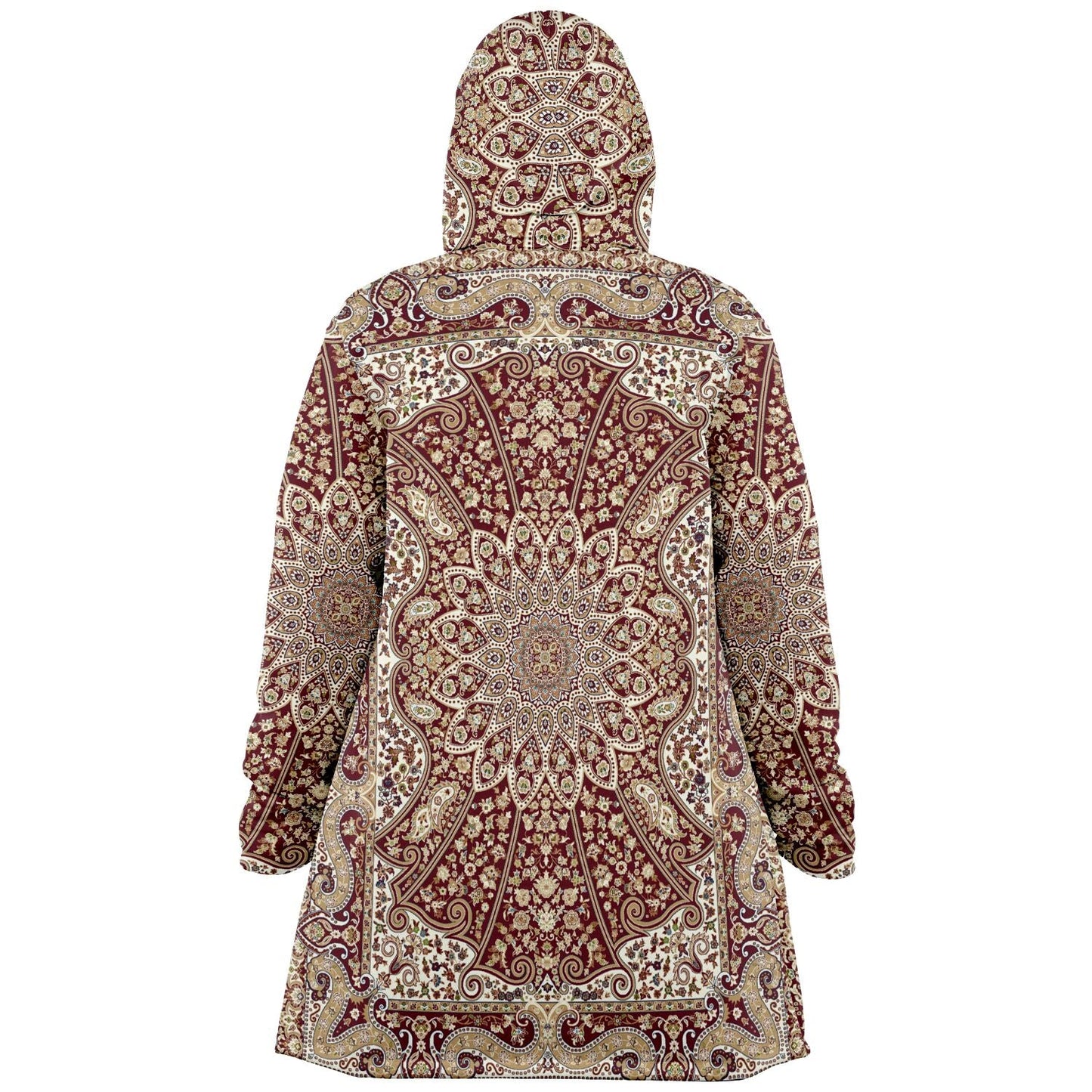 Classic Red Persian Carpet Cuddle Cloak | Unisex Minky Sherpa Lined Hooded Coat | Women and Mens Festival Coat | Mountain Fashion
