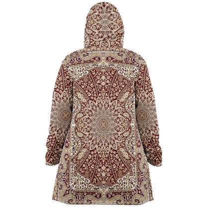 Classic Red Persian Carpet Cuddle Cloak | Unisex Minky Sherpa Lined Hooded Coat | Women and Mens Festival Coat | Mountain Fashion
