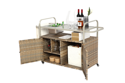 Outdoor Bar Table with Wicker Cabinet and Steel Top