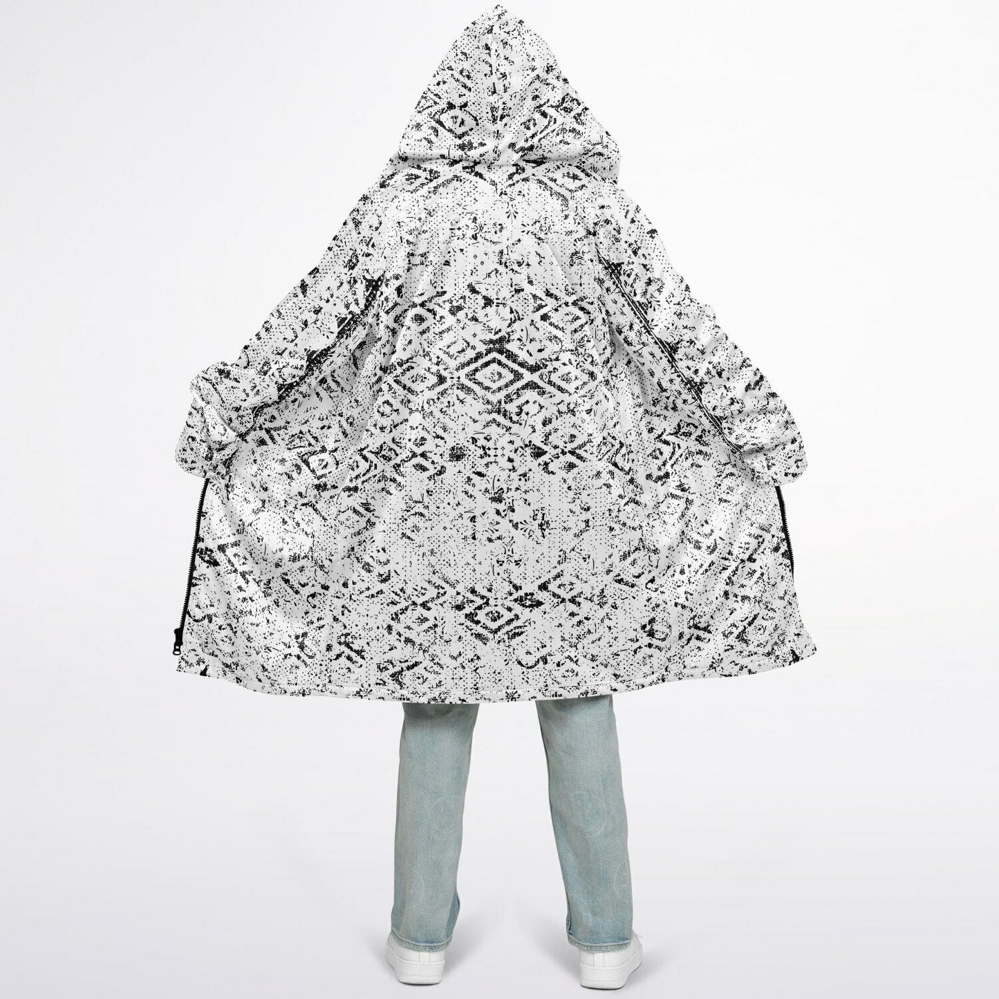 Tribal Fade Cuddle Coat |  Black White | Unisex Minky Sherpa Lined Coat with Hood, Zipper and Pockets | Women and Mens Festival Coat | Mountain Fashion