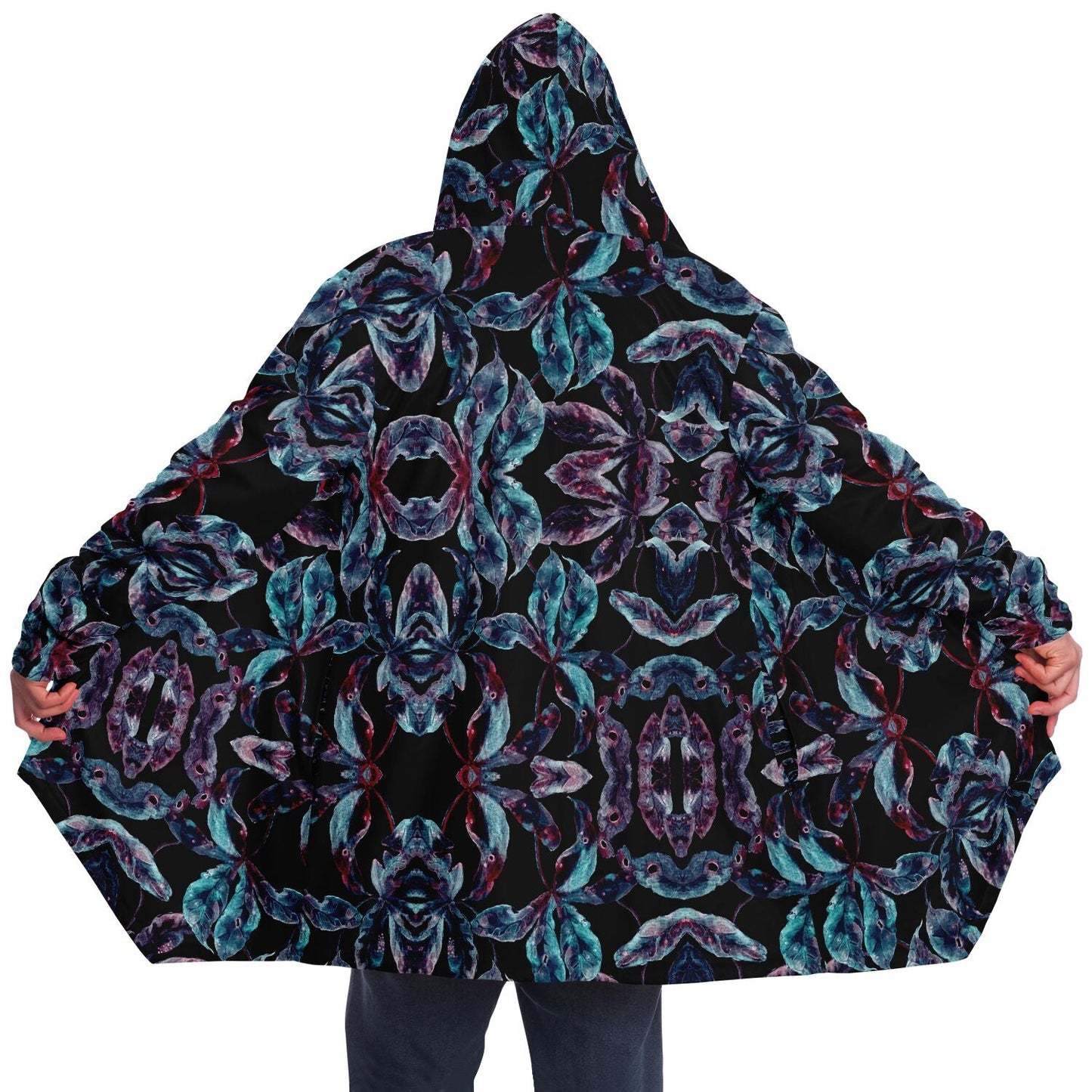 Dark Tropics Cuddle Cloak | Unisex Minky Sherpa Lined Hooded Coat | Women and Mens Festival Coat | Mountain Fashion