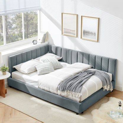 Mid-Century Upholstered Tufted Bed Frame with Backrest and Armrests