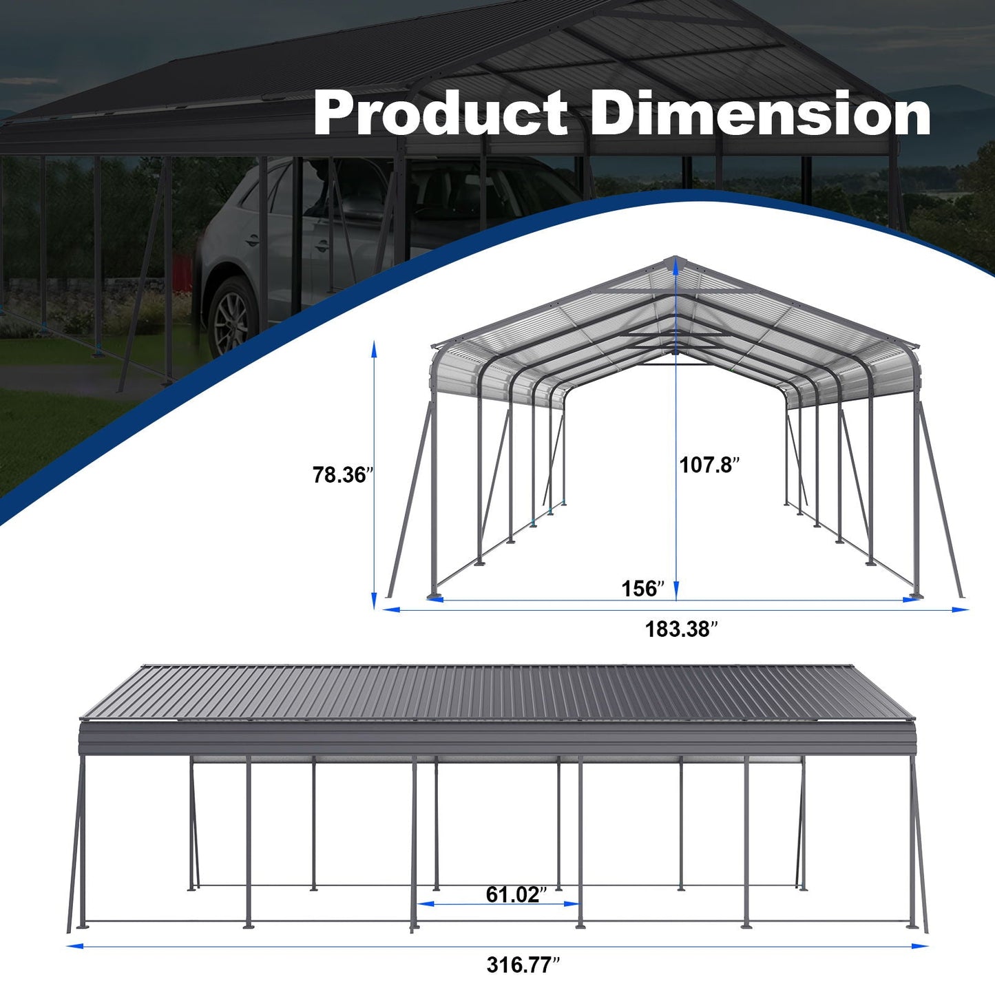 Metal Carport 13 x 26.5 Ft Heavy Duty with Galvanized Steel Roof