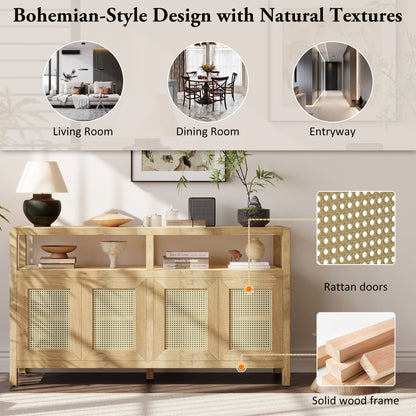 Bohemian Style Rattan Buffet Storage Cabinet with Solid Wood Frame