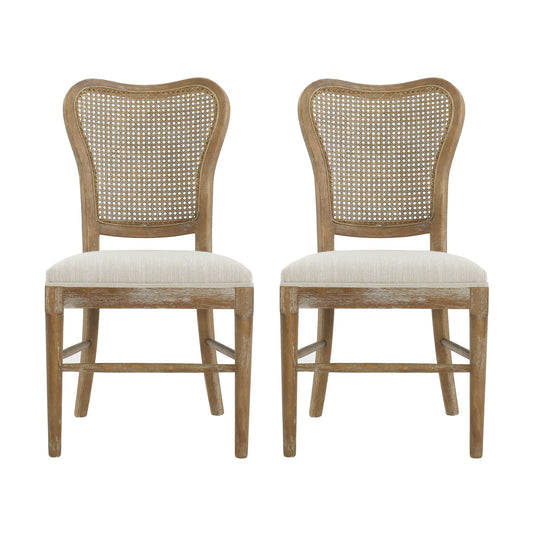 Classic Retro Dining Chair (Set of 2) with Rattan Backrest - Dark Brown / Beige