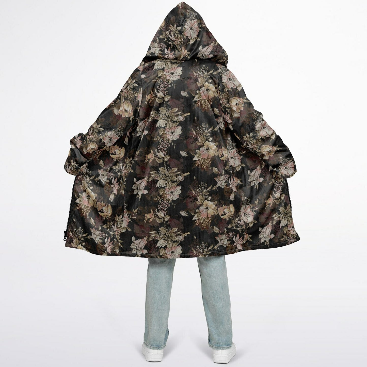 Floral Cuddle Coat | Beige, Brown, Cream | Unisex Minky Sherpa Lined Coat with Hood, Zipper and Pockets | Women and Mens Festival Coat | Mountain Fashion