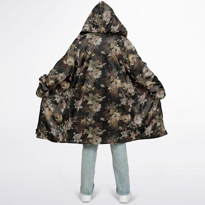 Floral Cuddle Coat | Beige, Brown, Cream | Unisex Minky Sherpa Lined Coat with Hood, Zipper and Pockets | Women and Mens Festival Coat | Mountain Fashion